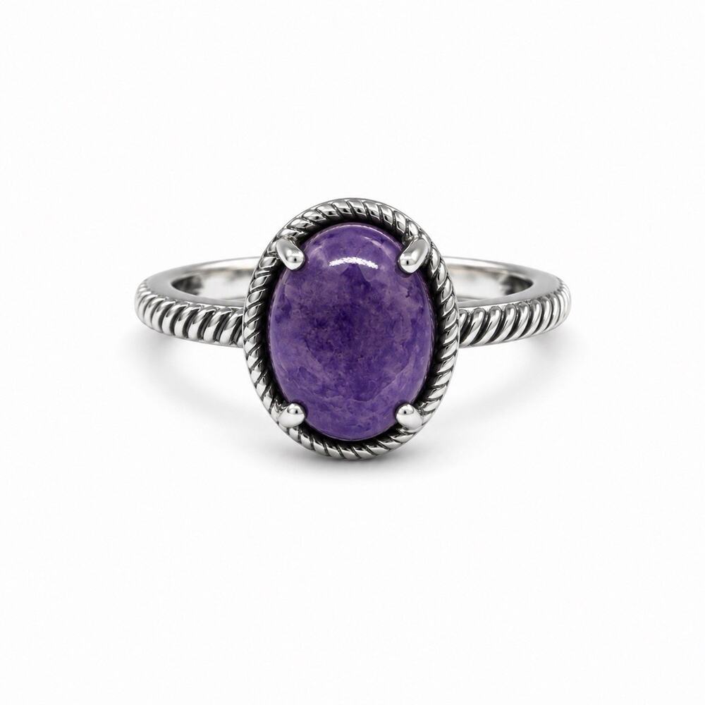 925 Sterling Silver Oval Purple Charoite Rope-Bezel Ring Size 7